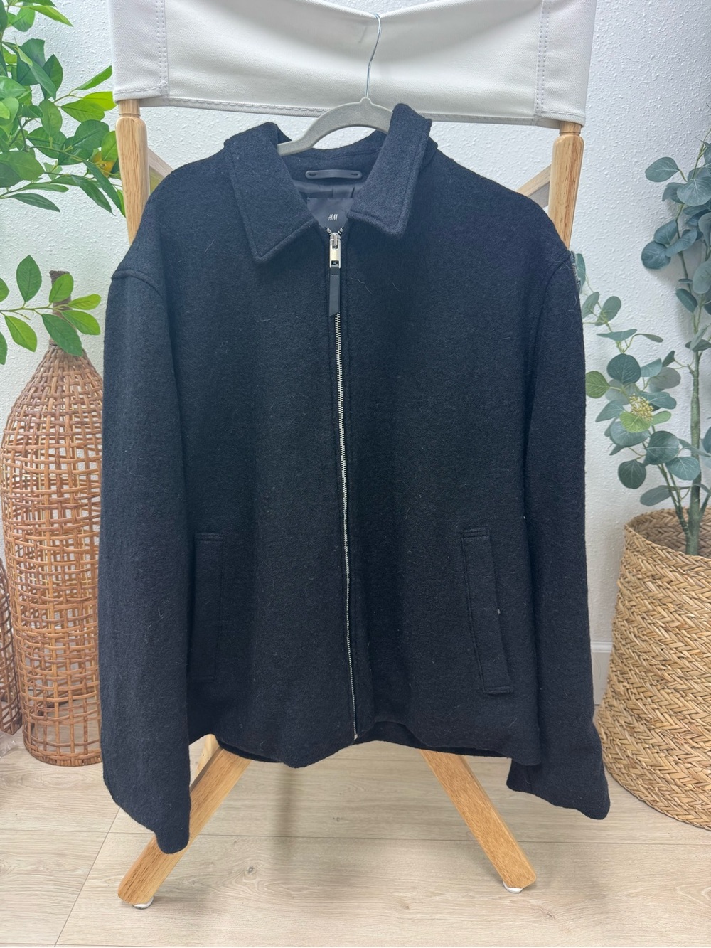 H&M Men's Black Zip-Up Wool-Blend Sweater Jacket